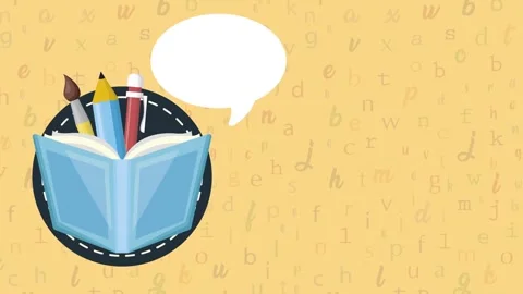 Animated education concept with open book and stationary icons and empty th.. 库存影片 339114874