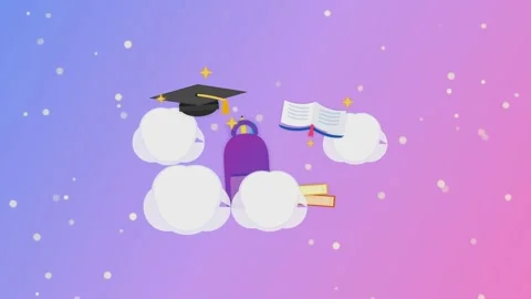 Animated education elements floating with graduation cap backpack and open .. Stock Footage 341220005