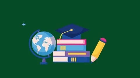 Animated education icons featuring school books and graduation cap on green.. Stock Footage 333807014
