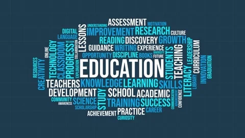 Animated education word cloud with academic terms and concepts on dark blue.. 库存影片 341683433