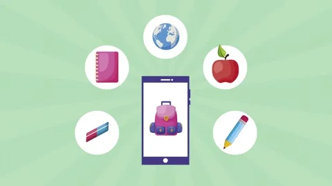 Animated educational icons moving around purple smartphone with backpack on.. Stock-Footage 333295607
