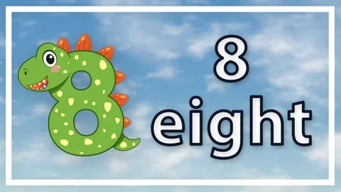 Animated Educational Number Eight with Green Dinosaur Character Over Blue Sky Stock Footage 340260004