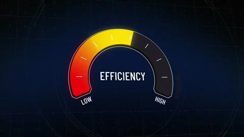 Animated efficiency gauge presentation, dashboard meter moving from low to hi Stock Footage 316340111