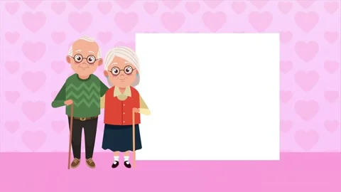 Animated elderly couple standing together by a blank rectangular frame on a.. Vídeo Stock 338423502