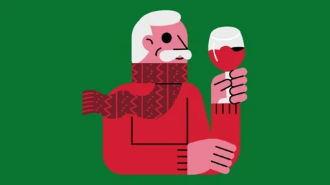 Animated elderly man in red sweater and scarf holding glass of Christmas drink. Stock Footage 320286870