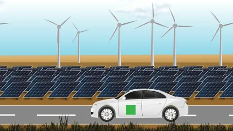 Animated Electric Car Shown Driving on a Road with Windmills and Solar Stock Footage 170890424