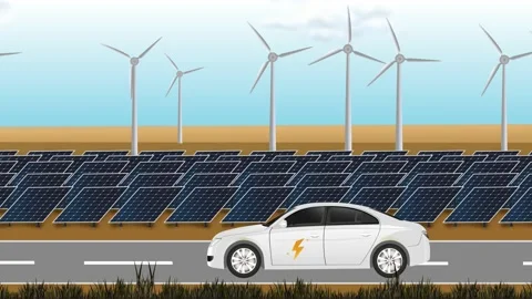 Animated Electric Car Shown Driving on a Road with Windmills and Solar Stock Footage 170890440