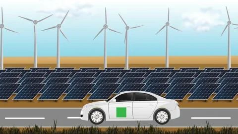 Animated Electric Car Shown Driving on a Road with Windmills and Solar Stock Footage 170890444