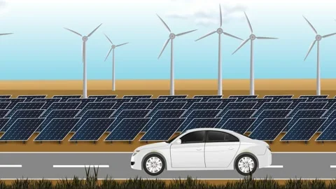 Animated Electric Car, White, Shown Driving on a Road with Windmills and Stock Footage 170890429