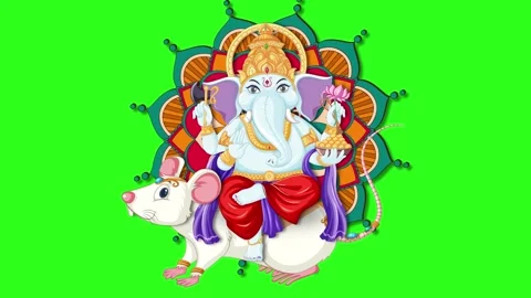 Animated Elephant Deity Riding a White Rat on Green Screen Stock Footage 336520786