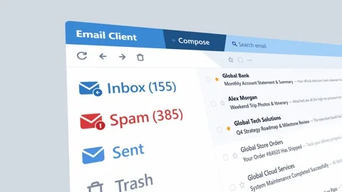 Animated email inbox with rapidly rising message and spam counts. 4K 3D Render Stock Footage 344845629