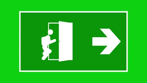 Animated emergency exit sign with stickman running through door icon on gre.. Stock Footage 340347408