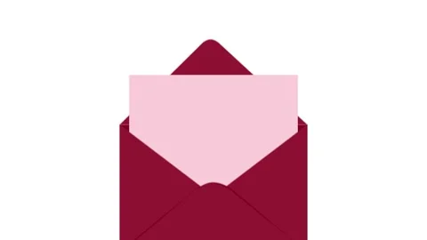 Animated envelope opens to reveal pink card with ornamental flourish. 4K Stock Footage 321531520