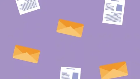 Animated envelopes and documents falling down on purple background motion g.. Video stock 333722035