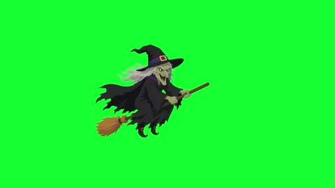Animated evil witch flying on broomstick loop on green screen background fo.. Stock Footage 340382665
