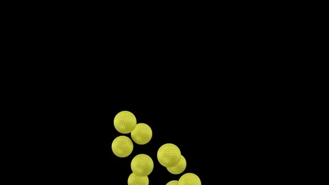 Animated exploding and flying toward camera yellow golf balls in slow motion Stock Footage 85408805