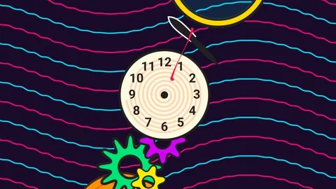 Animated Exploding Pocket Watch With Separating Gears Over Neon Wavy Lines Stock Footage 341410444