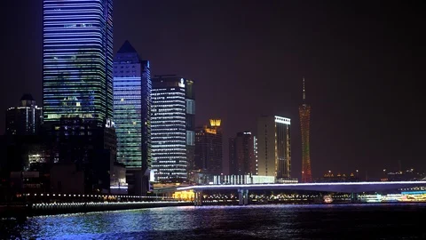 Animated facades, video playing on wall of buildings at Pearl River waterfront Vídeos de archivo 99601480
