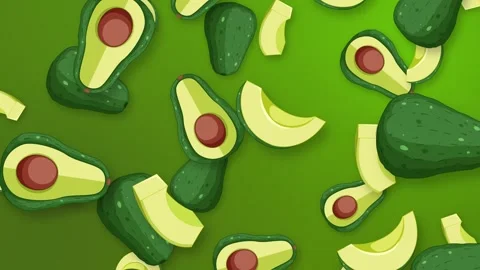 Animated Falling Avocado Halves and Slices on Green Background Stock Footage 345297241