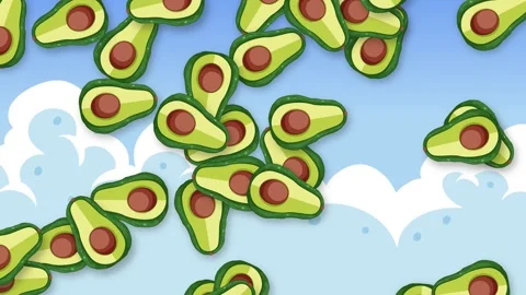 Animated Falling Avocado Halves Over Blue Sky and White Clouds Background Stock Footage 342118021
