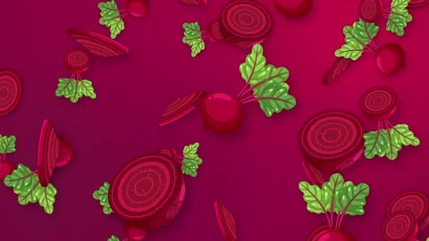 Animated Falling Beetroot Slices and Whole Vegetables on Purple Background Stock Footage 342209123