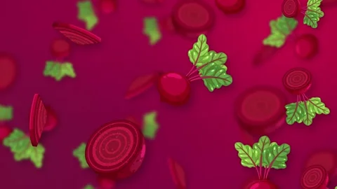 Animated Falling Beetroot Slices and Whole Vegetables on Magenta Background Stock Footage 344833217