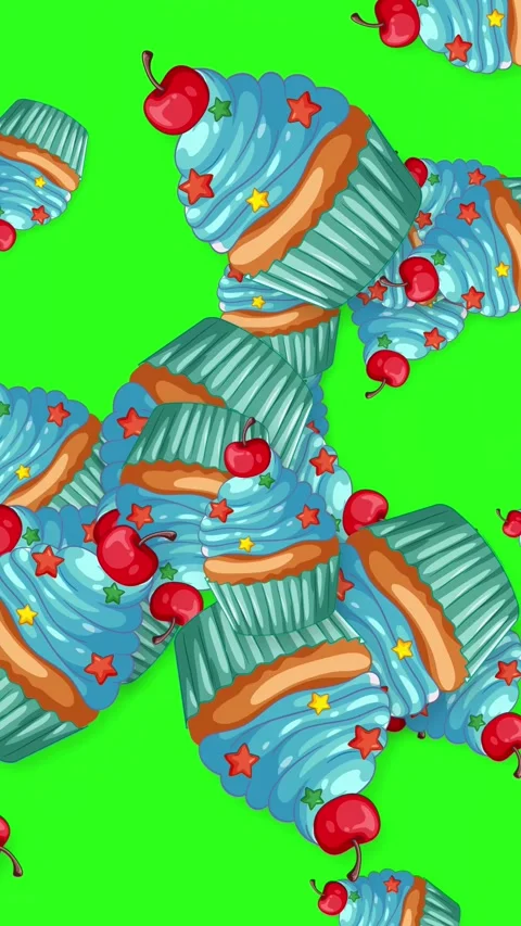 Animated Falling Blue Cupcakes with Cherries on Green Screen Background Stock Footage 345198085