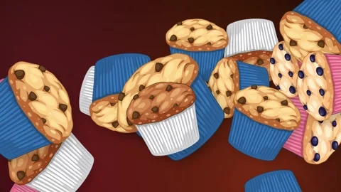 Animated Falling Blueberry and Chocolate Chip Muffins on Dark Background Stock Footage 344379430
