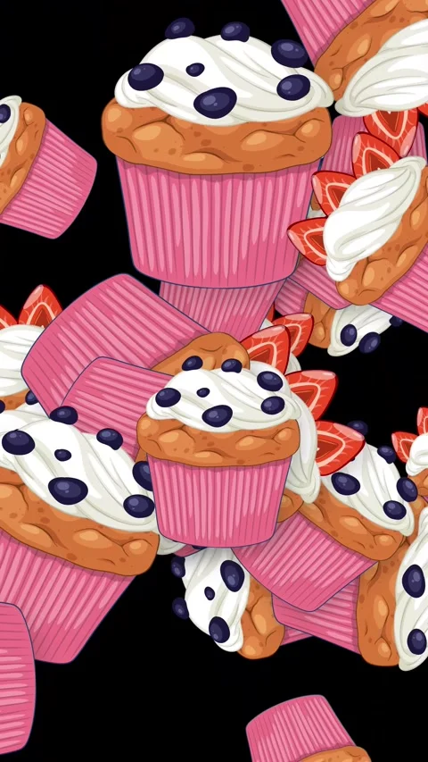 Animated Falling Blueberry and Strawberry Cupcakes on Black Background Stock Footage 344831547