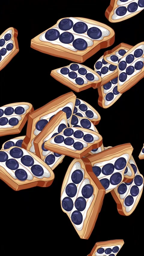 Animated Falling Blueberry Cream Cheese Toast on Black Background Stock Footage 344931637