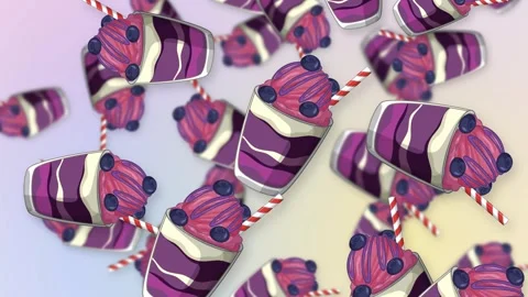 Animated Falling Blueberry Dessert Cups on Pastel Mesh Background Stock Footage 346114832