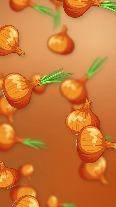 Animated Falling Brown Onions on Orange Mesh Background Stock Footage 342210290