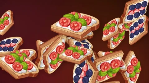 Animated Falling Bruschetta and Fruit Toast on Dark Red Background Stock Footage 345300715