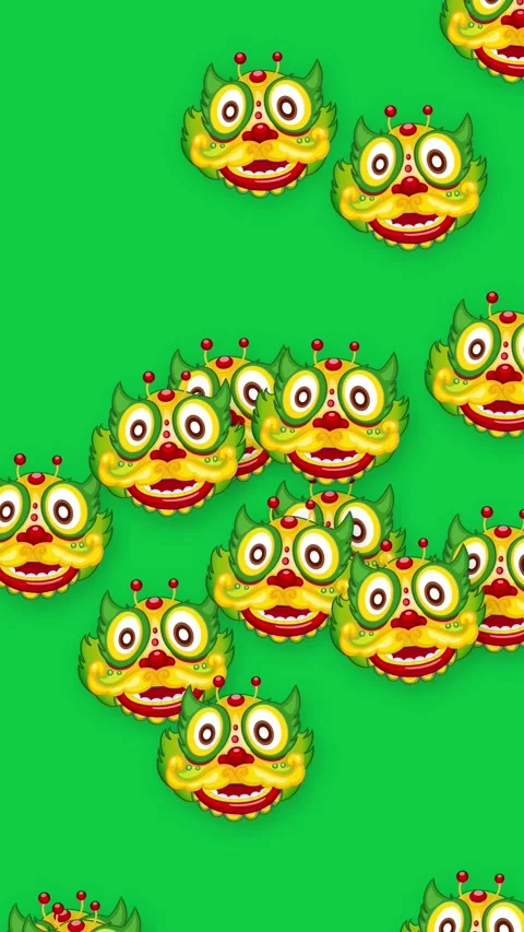 Animated Falling Chinese Dragon Heads on Green Background Vertical Video Stock Footage 341378015