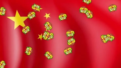 Animated Falling Chinese Dragon Heads Over Waving National Flag Background Stock Footage 341723953
