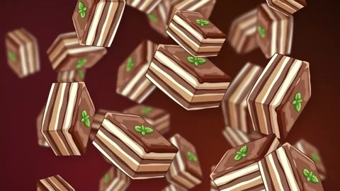 Animated Falling Chocolate Layer Cake Slices on Dark Red Background Stock Footage 344622333