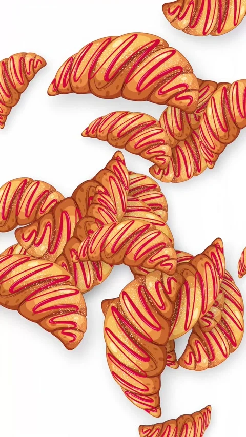 Animated Falling Croissants with Red Glaze on White Background Stock Footage 345800050