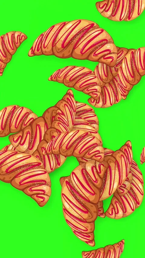 Animated Falling Croissants with Red Glaze on Green Screen Background Stock Footage 346114685