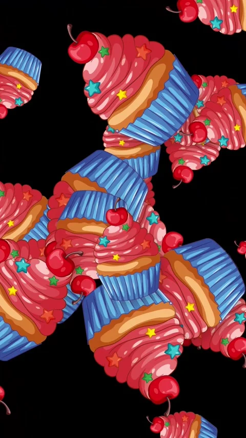 Animated Falling Cupcakes with Pink Frosting and Cherries on Black Background Stock Footage 344936635