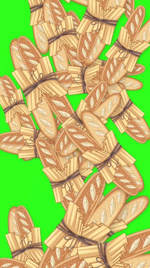 Animated Falling French Baguette Bread Bundles on Green Screen Background Stock Footage 344836325