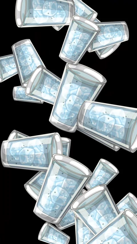 Animated Falling Glasses of Water with Ice on Black Background Stock Footage 344848742