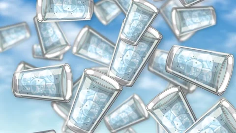 Animated Falling Glasses of Water with Ice Against Blue Sky Stock Footage 345297212