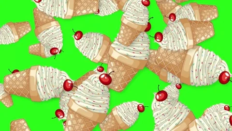 Animated Falling Ice Cream Cones with Cherries on Green Screen Stock Footage 343819648