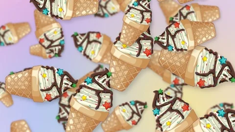 Animated Falling Ice Cream Cones with Chocolate Drizzle and Star Sprinkles Stock Footage 343819795