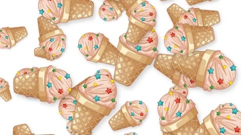 Animated Falling Ice Cream Cones with Star Sprinkles on White Background Stock Footage 344231063