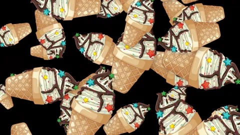 Animated Falling Ice Cream Cones with Sprinkles on Black Background Stock Footage 345197813
