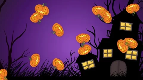 Animated Falling Jack O Lantern Pumpkins Over Haunted House Background Stock Footage 340004621