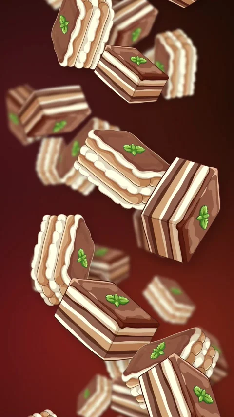 Animated Falling Layered Chocolate Cake Slices with Mint Garnish Stock Footage 342488305