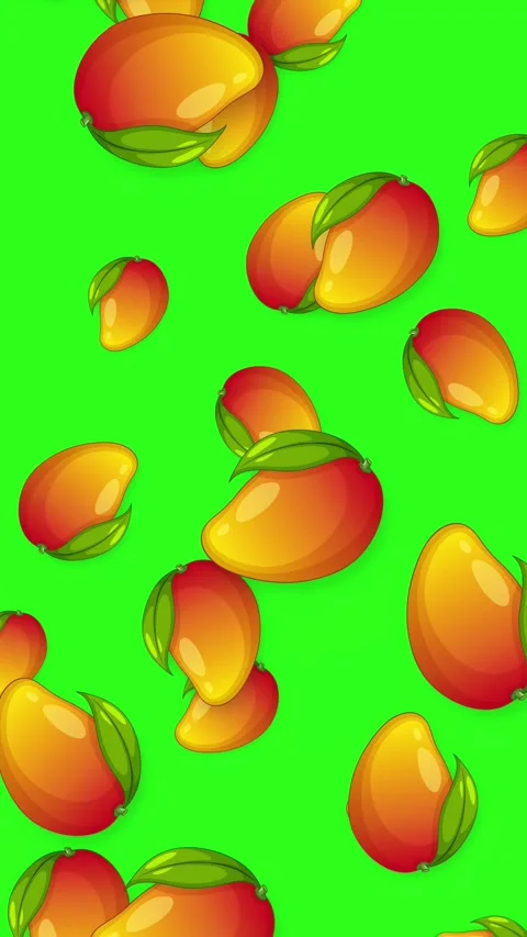 Animated Falling Mango Fruit Pattern on Green Background Stock Footage 343836986