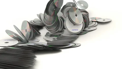 Animated falling many blank Blu Ray disks onto white base Stock Footage 88391506